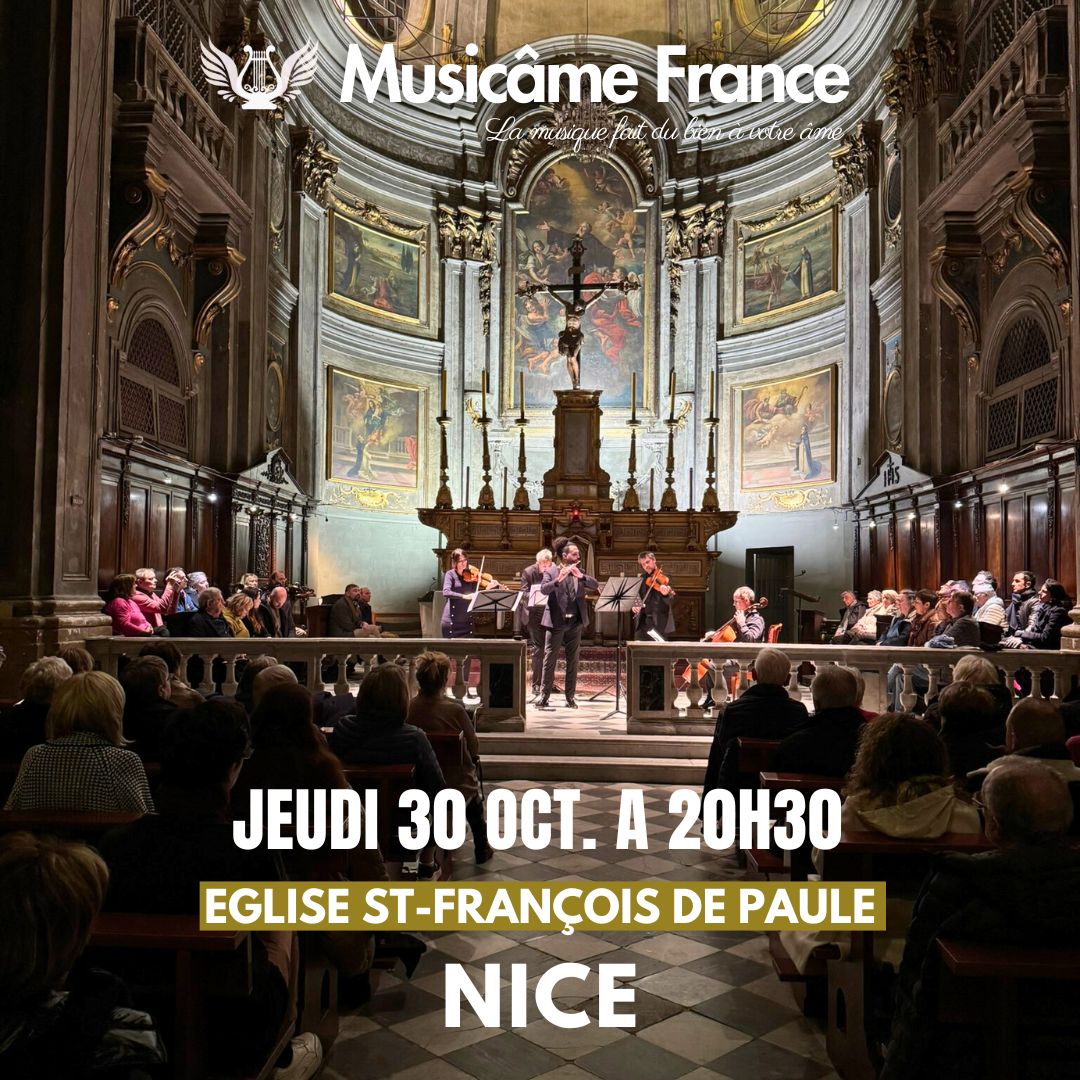affiche concert de toussaint à Nice le 30 octobre à 20h30 à l'église Saint-François de Paule. L'affiche montre l'ensemble en pleine prestation dans l'église