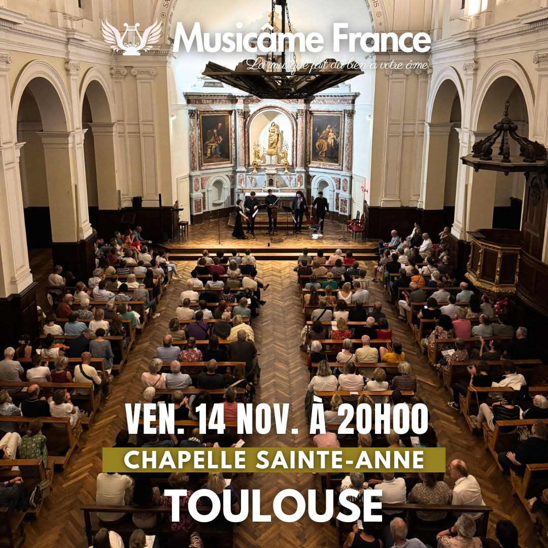 Affiche du concert Musicâme France à Toujouse, avec l’ensemble jouant à la Chapelle Sainte-Anne Titre : “Vivaldi, Bach & Piazzolla – Baroque, Tango et Jazz”. Date : 14 novembre à 20h00.