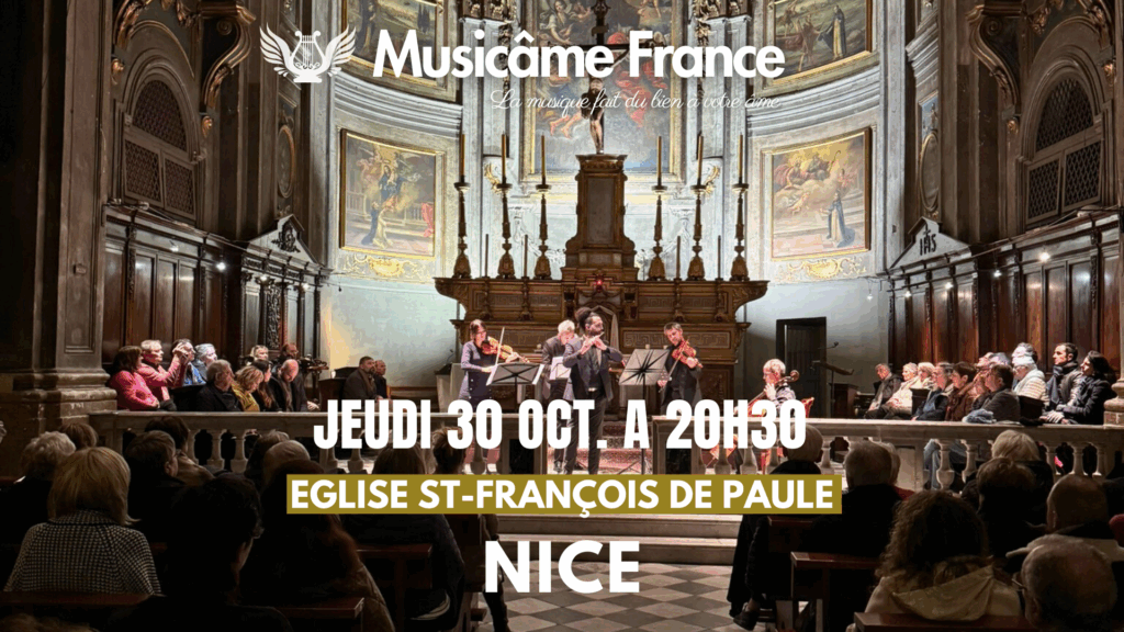 affiche du concert musicâme france à l'église st françois de paule qui aura lieu le 30 octobre à 20h30